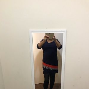 Business casual blue, red, beige dress.